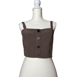 NWT Button Front Crop Top Brown Adjustable Straps Tank Top‎ Preppy Chic Euro